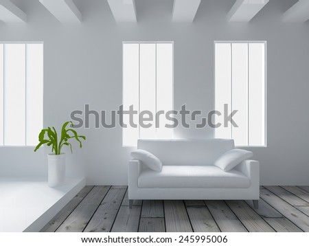 3D rendering of a white interior with a white sofa 3D rendering of a white interior with a white sofa