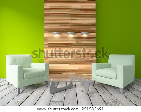 3D rendering of a green interior with green armchairs 3D rendering of a green interior with green armchairs