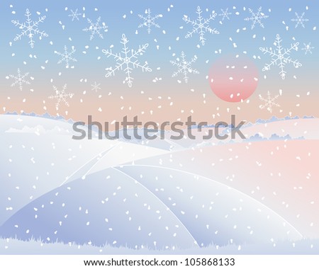 an illustration of a cold winter landscape with a road winding over frozen fields with evening sunset and fancy snowflakes