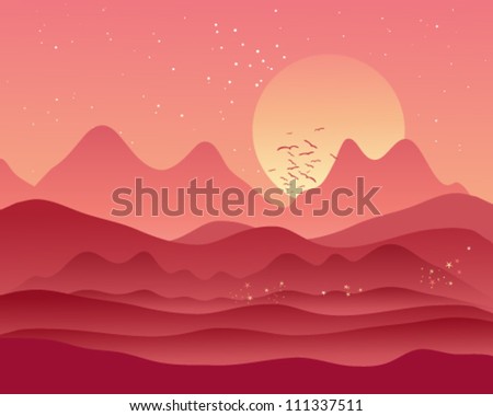a vector illustration in eps 10 format of a beautiful sunset landscape in a mountain landscape with red sky and stars and the last birds flying in to roost