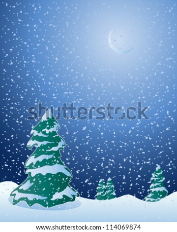 a vector illustration in eps 10 format of fir trees in a cold winter landscape with moon and snowflakes falling in a dark night sky