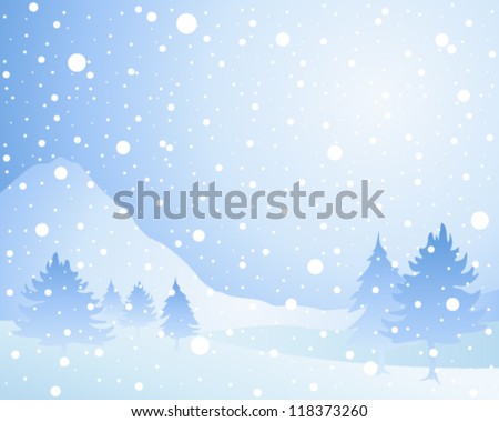 A Vector Illustration In Eps 10 Format Of A Cold Winter Seasonal Christmas Landscape With Misty Fir Trees In A Snow Shower Under An Icy Blue Sky