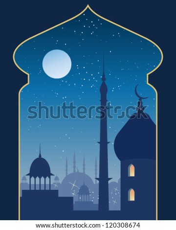 a vector illustration in eps 10 format of an islamic urban scene with mosque and asian architecture on a moonlit night viewed through a decorative archway a vector illustration in eps 10 format of an islamic urban scene with mosque and asian architecture on a moonlit night viewed through a decorative archway