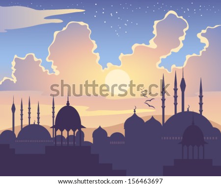 A Vector Illustration In Eps 10 Format Of An Islamic Skyline At Sunset With Asian Architecture Mosques Domes And Minarets Under A Colorful Starry Sky