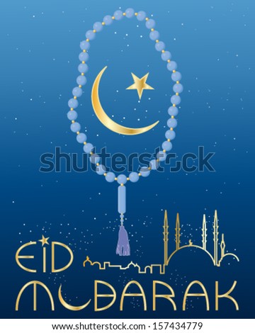 a vector illustration in eps 10 format of an eid greeting card with blue prayer beads and golden crescent moon and type on a starry night background