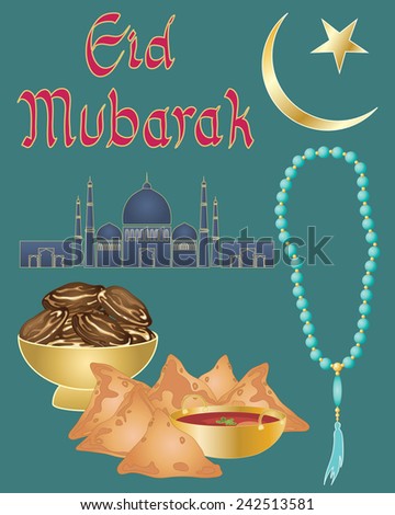 an illustration of an islamic prayer greeting card design with star and crescent moon mosque iftar food and prayer beads on a blue green background