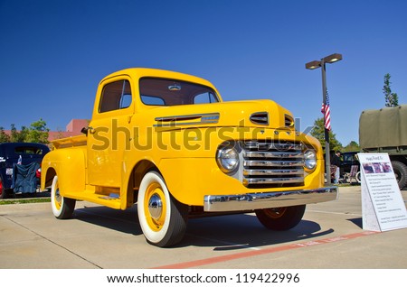 WESTLAKE, TEXAS - OCTOBER 27: A 1949 Ford F1 pickup truck is on display at the 2nd Annual Westlake Classic Car Show on October 27, 2012 in Westlake, Texas.