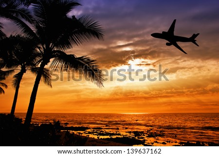 Tropical sunset with palm tree and airplane silhouettes in Hawaii. Travel and vacation concept.