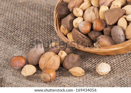 Mixed nut basket with almonds, walnuts, pecans, hazelnuts and Brazil nuts on burlap background