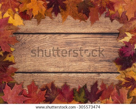 Autumn leaves border against wooden background. Fall background with copy space.