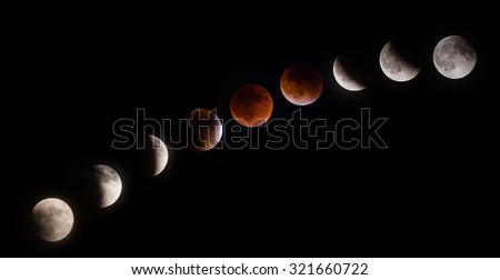Total supermoon lunar eclipse, also known as a blood moon, phases observed on September 27 2015 in the Texas sky