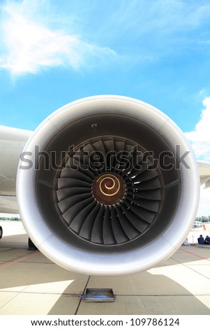 BANGKOK, THAILAND - JUNE 29: The Boeing 747-400 engine turbine was shown in Cerebration of 100 year of Royal Thai air force (RTAF) at Don Muang airport on June 29,2012 in Bangkok, Thailand