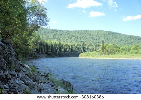 Forest Siberian mountain clean river. Siberia. Khakassia.