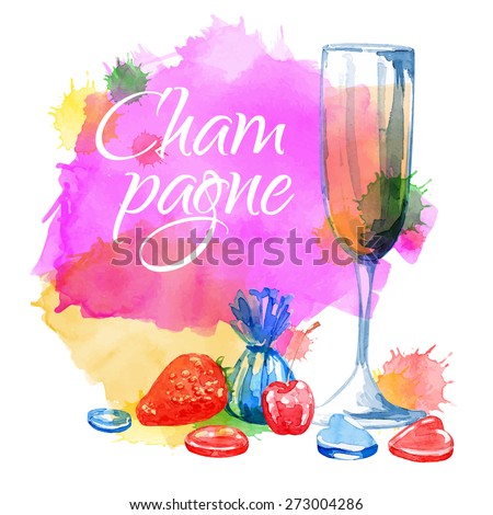 Champagne. Glass of wine. Vector watercolor. Isolated. Food background. Drink. Fruits.