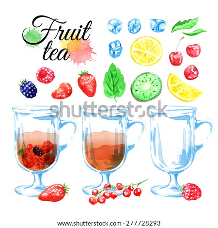 Fruit cold tea. Glass of tea. Vector watercolor. Isolated elements for easy use. Food background. Tea time. Fruits and berries. Cherry, lemon, kiwi, strawberry, raspberries, blackberries, red currant.
