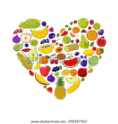 Heart from fruits. Food hand drawn vector elements. Fruits and berries. Vitamins. Colorful vector background. Healthy food.