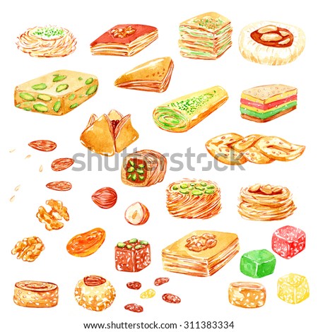 Ramadan Kareem. Eid Al Adha. Muslim holiday.  Ramazan. Watercolor illustration.  Halal food. Islamic bakery background. Nuts, peanuts, almonds, hazelnut, raisins, pistachios, baking.