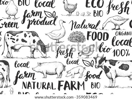 Seamless vector pattern with farm animals. Handwritten elements with rough edges. Food, farm, animals, natural. Ink brush hand lettering. Lettering. Vintage retro farm logo. Sketch. Farmers market.