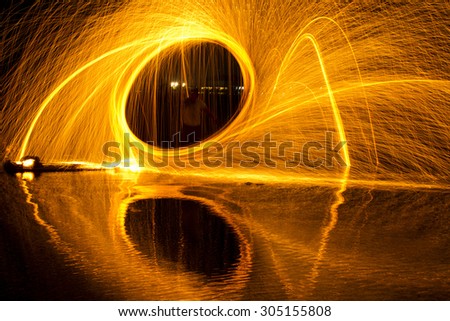 Fire Spinning Steel Wool Photography Water Reflection