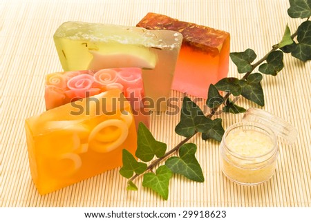 handmade soap collection with green branch and sea salt
