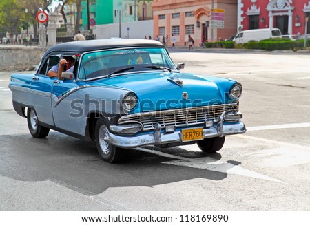 HAVANA, CUBA - FEB 1: Classic Ford on Feb 1, 2010 in Havana, Cuba. Before a new law issued on October 1, Cubans could only trade old classic cars that were on the road before the revolution of 1959.