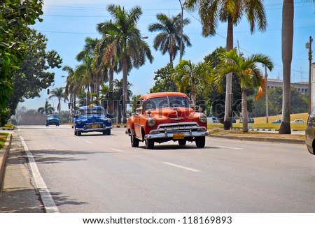 HAVANA - FEB 2:American classic cars are shown Feb 2, 2010 in Havana. Cubans, unable to buy newer models, keep thousands of them running despite the fact that parts have not been produced for decades.