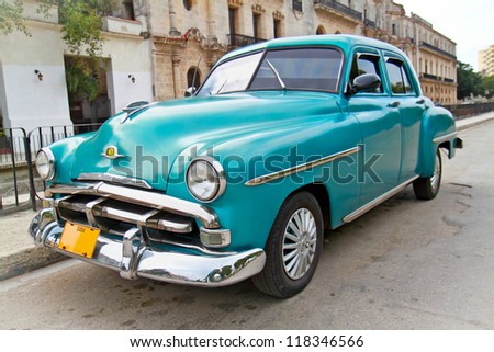 HAVANA-FEBRUARY 1:Classic blue Plymouth on February 1, 2010,Havana.Under current law that the government plans to change before 2012,Cubans can only buy and sell cars that were in use before 1959.