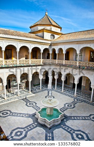 Patio Principal of La Casa De Pilatos, Seville In Spain. The building is a precious palace in mudejar spanish style.