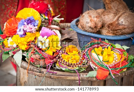 Floral arrangment for holi festival and religious offerings in Nepal