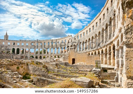 Roman Amphitheatre (Arena) In Pula. It Was Constructed In 27 Bc - 68 Ad And Is Among Six Largest Surviving Roman Arenas In The World. Pula Arena Is Best Preserved Ancient Monument In Croatia.