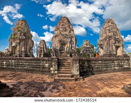 Eastern Mebon temple at Angkor wat complex, Cambodia. Built during the reign of King Rajendravarman, it stands on what was an artificial island at the center of the now dry East Baray reservoir.