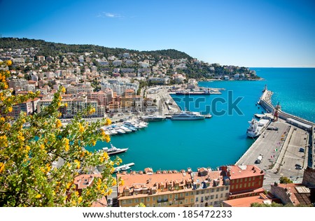 Panoramic view of Nice harbour with blue sky, France.