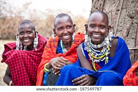 TANZANIA, AFRICA-FEBRUARY 9, 2014: Masai women with traditional  ornaments, review of daily life of local people on February 9, 2014. Tanzania.