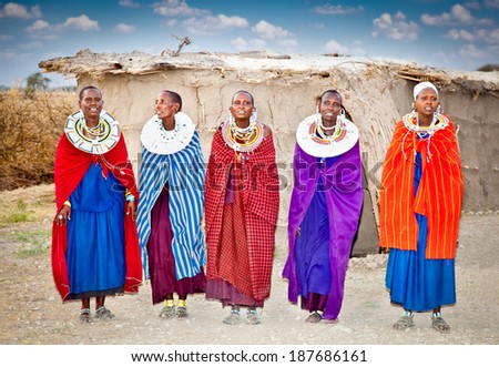 TANZANIA, AFRICA-FEBRUARY 9, 2014: Masai women with traditional  ornaments, review of daily life of local people on February 9, 2014. Tanzania.