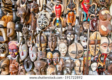 Old african masks for sale at market in Nairobi, Kenya. Africa.