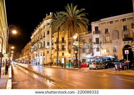 PALERMO; ITALY-SEPTEMBER 14; 2014: Vittorio Emanuele street  at night on September 14; 2014 in Palermo; Italy.Palermo is the 5th most populated area in Italy and the most populated on Sicily.