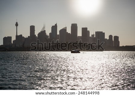 Sydney distant CBD silhouette of skyscrapers and towers at sunset against the sun summer time heat in the city, Australia .