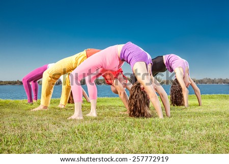 People practice Yoga asana at lakeside on suny day. Yoga concept.