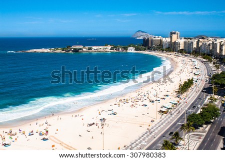 Panoramic view on Copacabana beach with city skyline of Rio de Janeiro, Brazil.