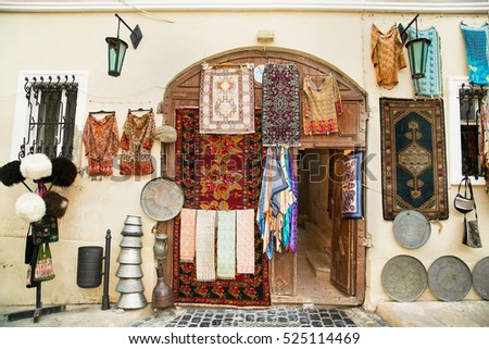 Souvenir shop in Icheri Sheher (Old Town) of Baku, Azerbaijan. Typical tourist shop with souvenirs and antiques.