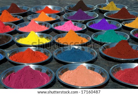 colorful tika powders on indian market, india