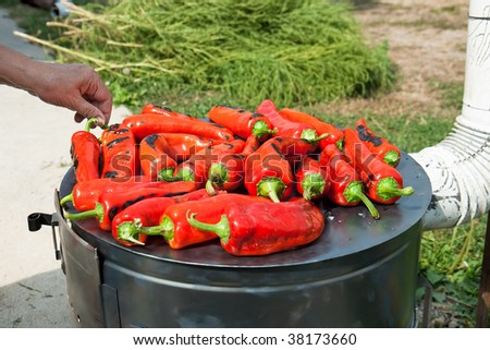 Roasting red paprika on range for winter provisions , autumn season