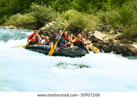 NERETVA, BOSNIA - 25 JULY: Unidentified teams practice at the first day of training for World Rafting Championship in the canyon of River Neretva on July 25, 2009, Bosnia and Herzegovina.