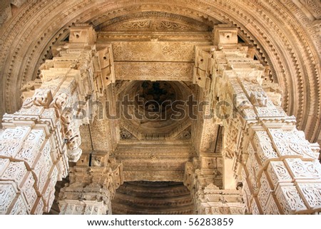 The beautiful fine art on pillars and ceiling of Sasbahu, or Mother-in-Law and smaller Daughter-in-Law temples in Gwalior, Madhya Pradesh, India