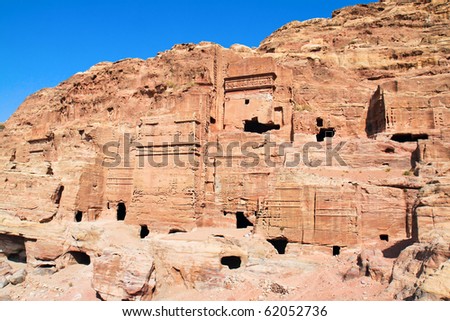 The ancient city of Petra in Jordan. It was carved out the rocks. It is now an UNESCO World Heritage Site. Jordan
