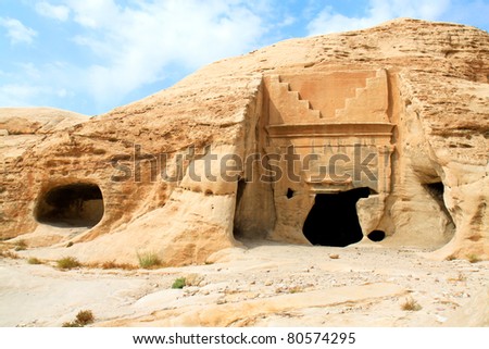 Cave temple in Petra. Made by digging a holes in the rocks and cutting the hill. Jordan
