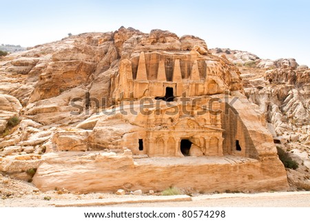 Temple in Petra. Made by digging a holes in the rocks and cutting the hill. Jordan