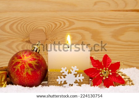 Red christmas balls and advent candle.