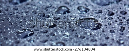 Rain water drops isolated on black background, macro shot.