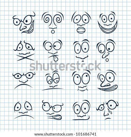 Set of cartoon emotions on seamless school paper.